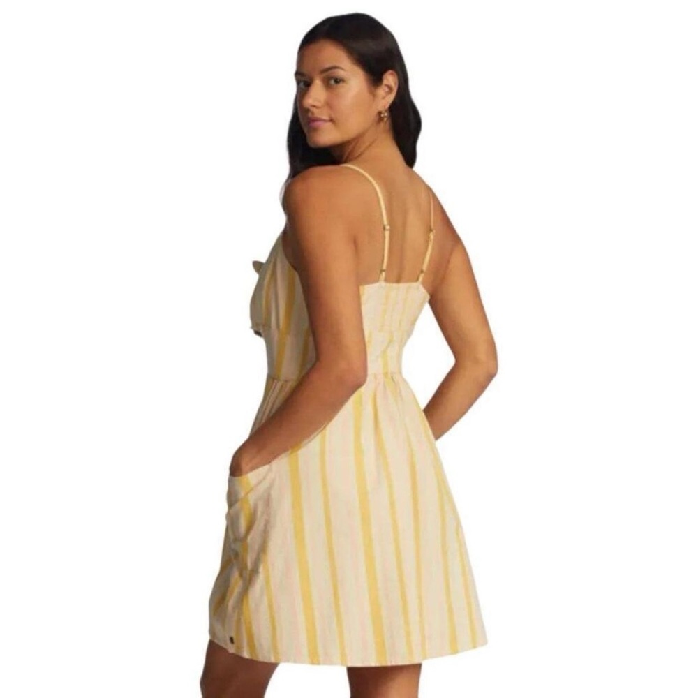 Roxy Yellow and Pink Striped Wooden Button-Up & Tie Short/Mini Dress - Picture 4 of 8